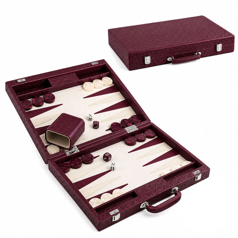 Burgundy Premium Geniune Leather Backgammon Portable