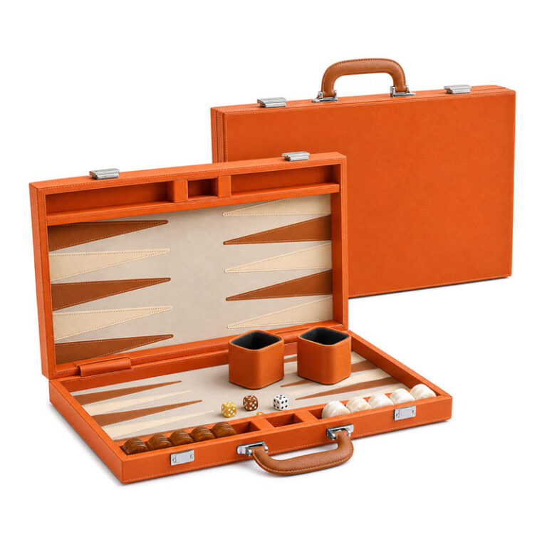 Orange Premium Geniune Leather Backgammon Portable 2